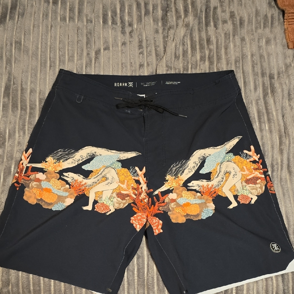 Roark Men's Swim Shorts - Navy with Vibrant Coral Design